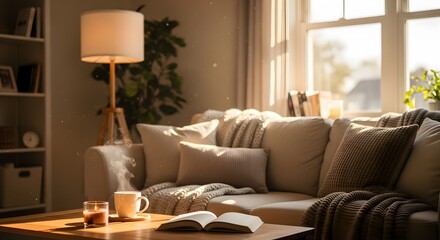 Illustration of inviting living room scene with a comfortable sofa, coffee table, warm lamp, and natural light from a window