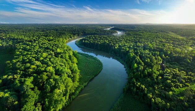 lush green river winding through dense forest in an aerial view captured during early morning hours