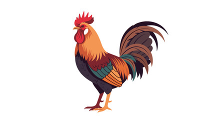 Fototapeta premium Colorful rooster illustration standing prominently, featuring its distinctive red comb, wattle, and richly feathered tail against a white backdrop.