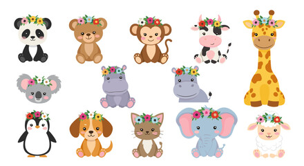 Fototapeta premium Cute baby animals collection, featuring a panda, bear, monkey, giraffe, and elephant, all adorned with colorful flower crowns.