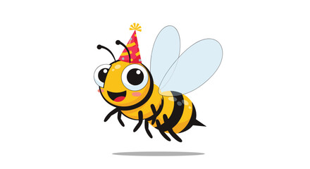 Fototapeta premium Happy cartoon bee wearing a festive party hat, smiling cheerfully and hovering with its translucent wings against a white background.
