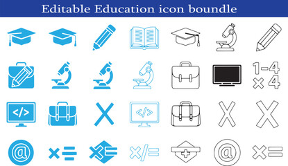 Editable Education Icon Bundle for Learning and Development Resources Featuring Graduation Caps Microscopes and School Supplies Aimed at Academic Growth and Scientific Exploration