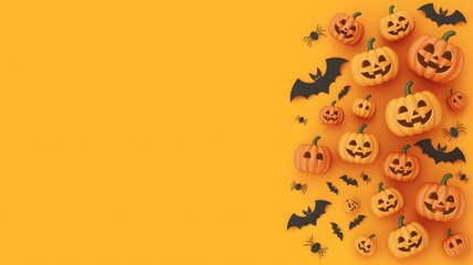 Halloween pumpkins bats and spiders on orange background