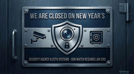 Security agency closed for New Year's holiday notification, security, agency, closed, new year's, holiday, notification, sign, metal, surveillance, camera, cctv, safe, lock, shield, text, announcement