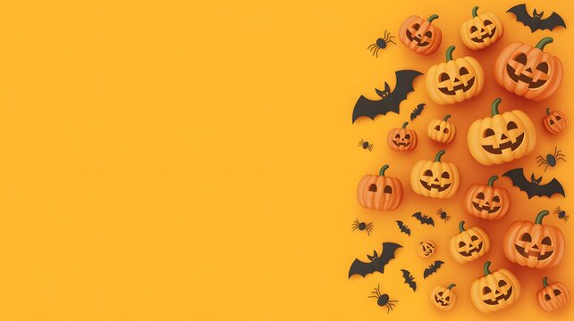 Halloween pumpkins bats and spiders on orange background - Powered by Adobe