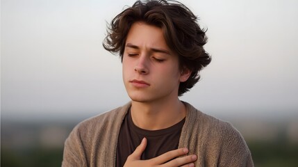 Young man with eyes closed hand on chest in thoughtful contemplation outdoors at dusk