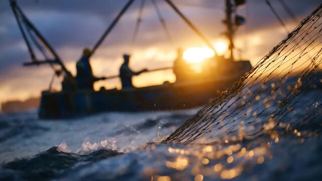189Industrial fishing boat with nets deployed, crew silhouetted against late afternoon sky, tools and equipment in sharp focus, waves gently lapping the hull