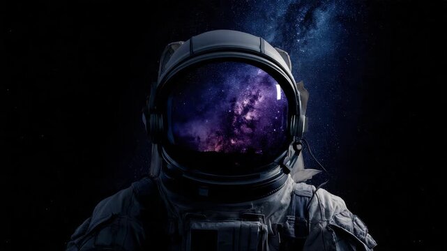 Astronaut in space with stars, a galaxy, a purple and blue nebula, and galaxies reflected in his helmet