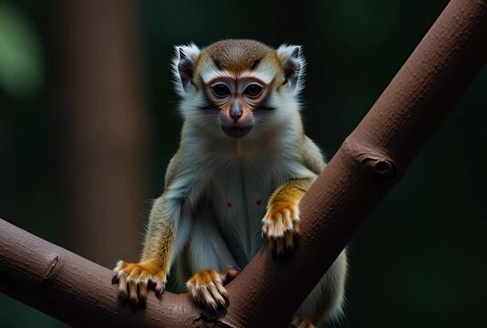 A small crowned sifaka monkey perched on a tree branch looking directly at the camera lens view