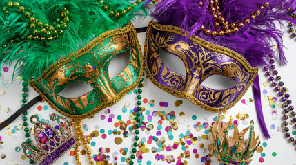 Elegant Ornate Carnival Mask with Feather and Confetti Celebration Decoration. Generative AI.