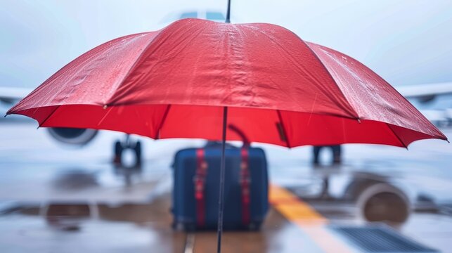 Travel insurance protection illustrated by a red umbrella shielding an airplane and luggage