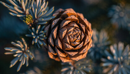 Close-up of a Pine Cone on Blue Spruce Fir Tree Branch