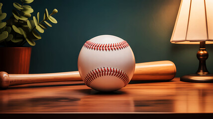 Indoor baseball scene with wooden bat on polished table