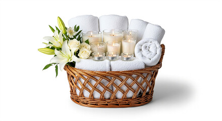 Elegant Wicker Spa Gift Basket with White Towels, Candles, and Flowers on Clean White Background