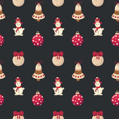Festive Holiday Pattern Featuring Bells, Baubles, and Snowmen