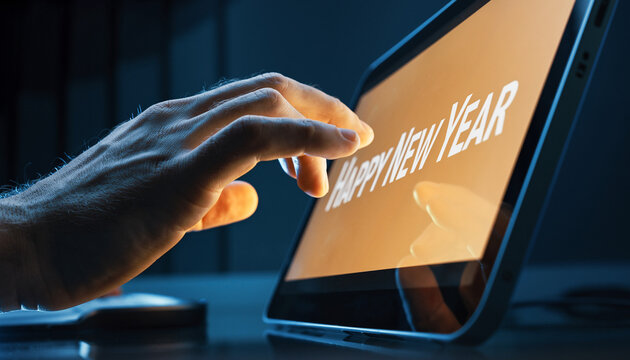 Hand Touching a Digital Tablet Screen with "HAPPY NEW YEAR" Text