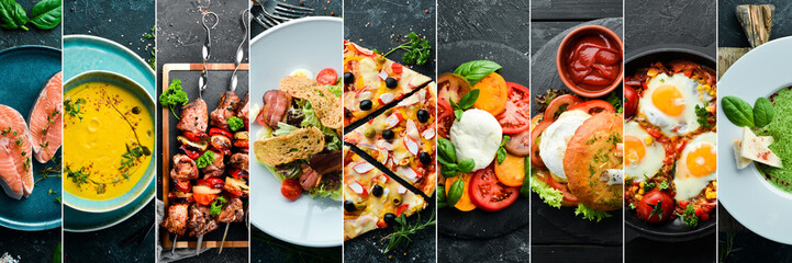 Background of food, drinks and dishes: pizza, breakfasts, lunches, soups and snacks. Photo collage,...
