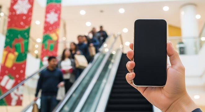 Hand holding a smartphone with a blank screen in a shopping mall during the holiday season with people on an escalator in the background.