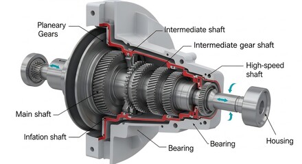 Cutaway view of a gray gear system with labelled parts revealing internal components