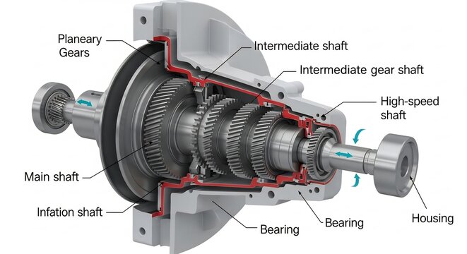 Cutaway view of a gray gear system with labelled parts revealing internal components