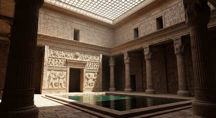 Sunlit Ancient Mesopotamian or Babylonian Temple Courtyard with Engraved Walls, Pillars, and a Reflective Pool