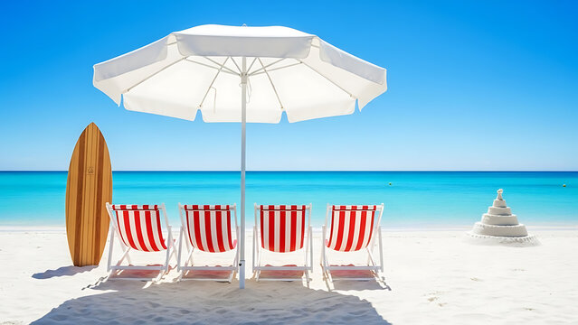 Four striped beach chairs under a white umbrella on a tropical sandy beach - Powered by Adobe