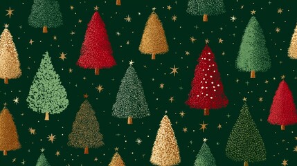 festive christmas tree pattern with green red gold hand-drawn holiday design