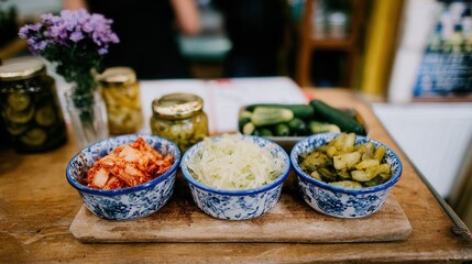 A selection of fermented vegetables displayed in traditional bowls, showcasing vibrant colors and textures, ideal for culinary and food photography.