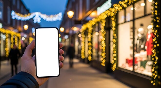A person holding a smartphone with a blank screen, showcasing a festive, decorated street.