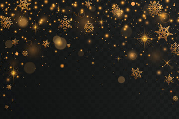 Golden Christmas glowing lights and snowflakes overlay effect. Magic fective gold glitter lights and sparkles background. Golden luxury shiny glow particles.