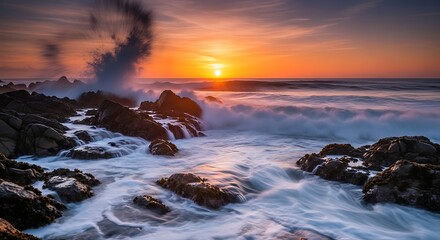 Fototapeta premium Dramatic sunset over ocean waves crashing on rocky shoreline horizon
