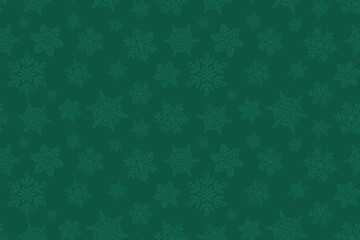 Green snowflakes seamless pattern. Christmas card with monochrome festive snowflakes pattern for textile, wrapping paper, invitations, packaging, cards. 