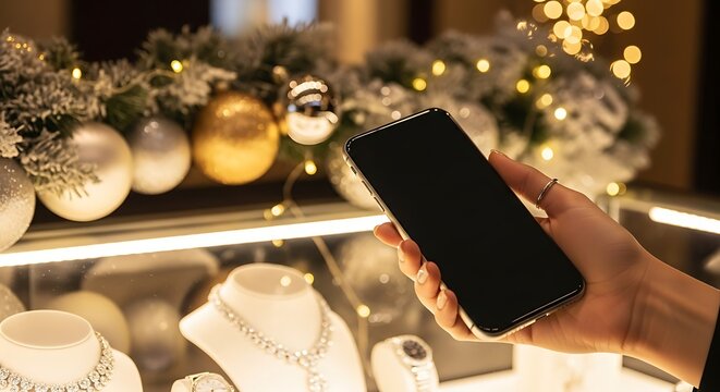 Customer using a smartphone while shopping for necklaces in a jewelry store with festive holiday decorations.