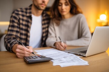 A couple collaborates on financial planning at home, using a calculator and laptop. The warm atmosphere promotes focus and teamwork in budgeting.