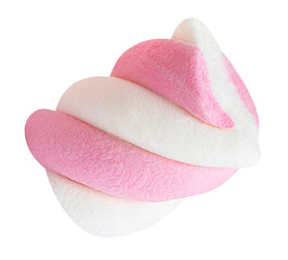 Flying fluffy Marshmallow isolated on white.  Levitating Marshmallow in air. Twisted colorful marshmallow Top view. Flat lay. 