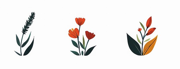 A collection of stylized botanical illustrations featuring various orange and yellow flowers with green leaves, arranged in a clean minimalist layout against a white background.
