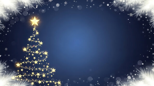 Glowing christmas tree with star and snowflakes on dark blue background