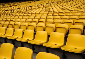 Fototapeta premium Numerous empty yellow stadium seats arranged in parallel rows, creating a pattern. 
