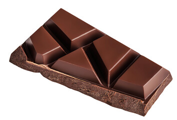  Levitating dark chocolate bar chunk isolated on white background. Broken chocolate piece  Top view. Flat lay. 