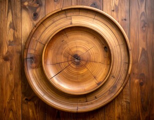 Rustic wooden plates on a wooden surface, top view.