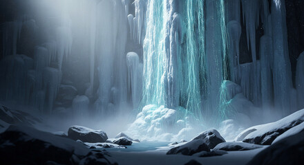 Frozen Waterfall Glistening with Blue Ethereal Light in a Dark, Snowy Cave or Grotto