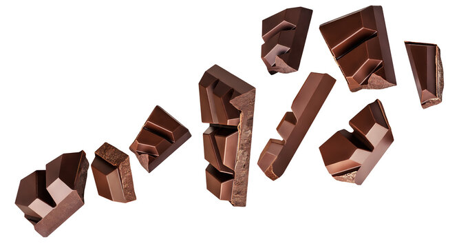 &nbsp;Levitating dark chocolate chunks isolated on white background. Broken chocolate bar pieces explotion. Chocolate splash Top view. Flat lay.&nbsp;