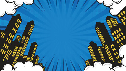 Vector Illustration of Blue Comic Explosion Background with Bold Urban City Skyline Silhouette for Dynamic Design