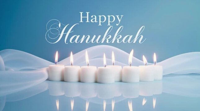 Happy Hanukkah greeting card with lit candles on a reflective surface against a blue background