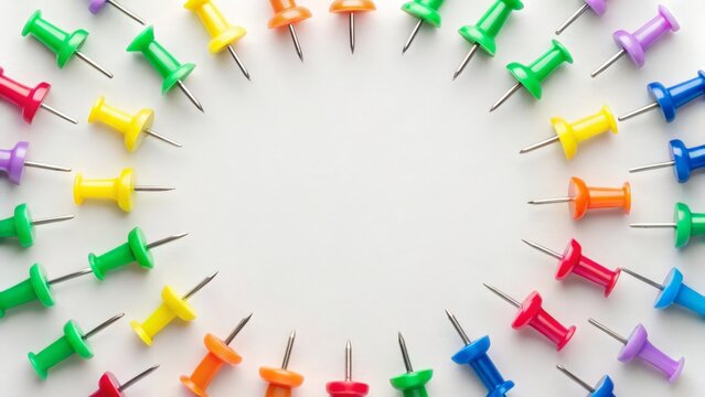 Colorful pushpins arranged in circular pattern on white background