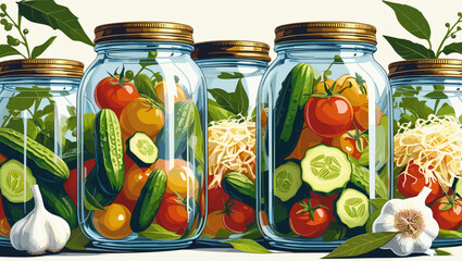 Colorful jars filled with pickled vegetables and fresh herbs on a light background
