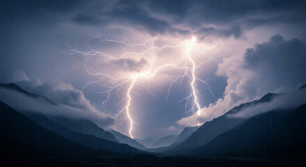 Dramatic Mountain Valley Silhouette Struck by Massive Forked Lightning During a Thunderstorm