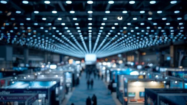 Large exhibition hall filled with visitors and illuminated booths under a ceiling of bright patterned lights creating a busy modern event atmosphere