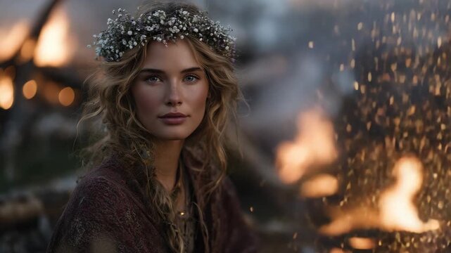 308Woman with a crown of wildflowers softly blowing on ritual fire, sparks and embers floating around her in a misty enchanted forest, evocative of Halloween or Midsummer magic