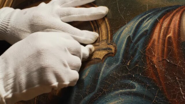 Gloved hands carefully handling ornate frame of antique painting. Closeup sequence shows examination and adjustment of blue robed figure artwork. Art restoration and conservation process demonstration